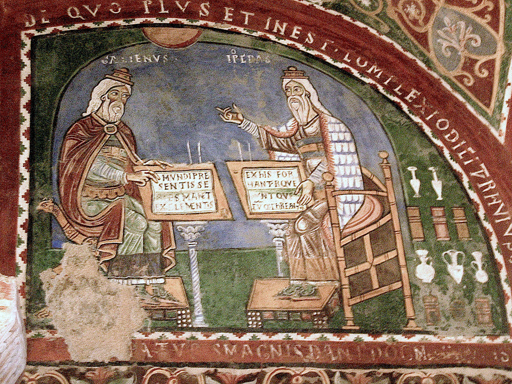 Wall painting of Galen and Hippocrates, two bearded men seated opposite each other.