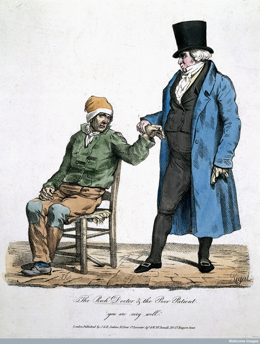 Engraving of a wealthy doctor taking the pulse of his poor patient.
