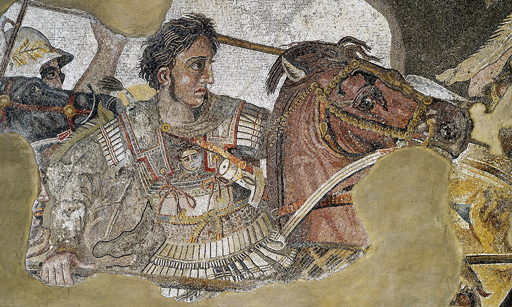 Roman floor mosaic depicting Alexander the Great portrayed as an armoured young man with dark hair, riding into battle.