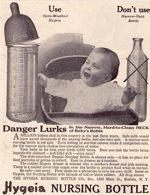 Newspaper advertisement promoting the Hygeia nursing bottle and featuring a crying baby.