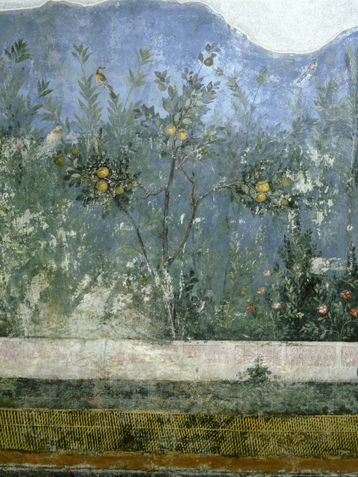 Wall painting of an apple tree against a blue background, with other plants and flowers