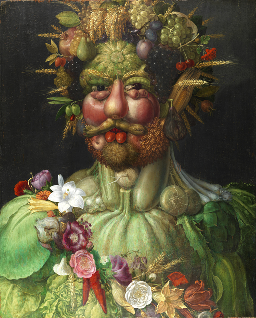 Painted portrait of a bearded man depicted as Vertumnus, the Roman god of the seasons, growth, plants and fruit.