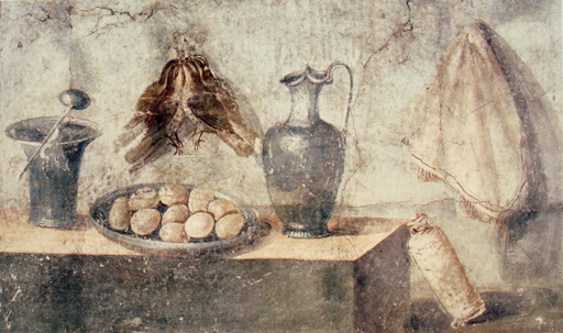 A wall painting of kitchen vessels, including a metal vessel with a ladle, a wide plate containing eggs and a large metal jug arranged on a low platform or step, with small birds and a napkin hanging from hooks on the wall.