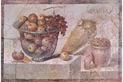 Wall painting depicting a glass bowl of fruit, a wine jar and a pottery vessel filled with more fruit.