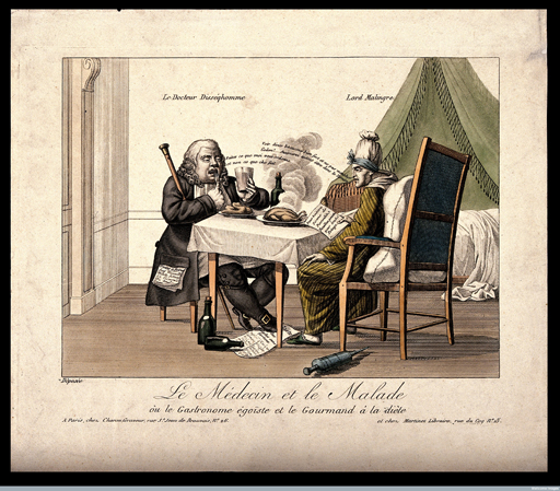 Engraving of a doctor giving dietary advice to his patient.