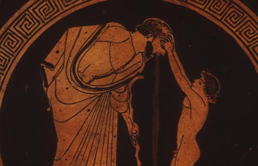 Decoration on a Greek wine cup, depicting a man vomiting while a boy holds his head steady.