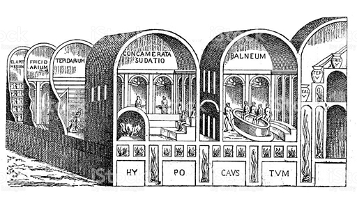 Antique illustration showing the layout of Roman baths.