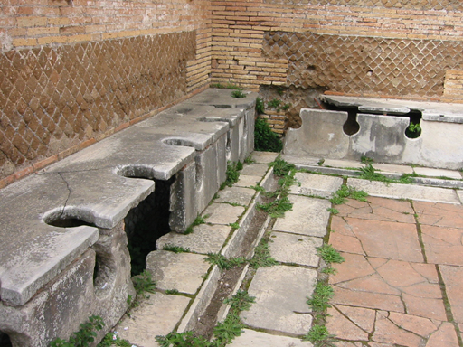 Ancient Roman latrines made up of stone slabs with holes cut into them, supported by blocks over a drain.