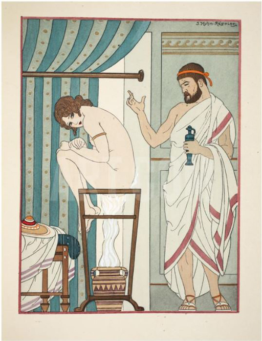Illustration of a naked woman is seated on a stool over a vessel from which steam is rising, while a physician oversees the process.