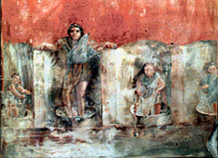 Wall painting depicting workers cleaning clothes in fullers’ vats.