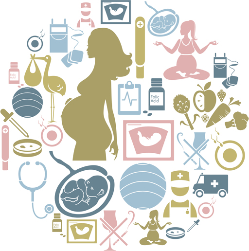 Image of a collection of people and objects relating to pregnancy, represented in a figurative way as flat shapes and colours.