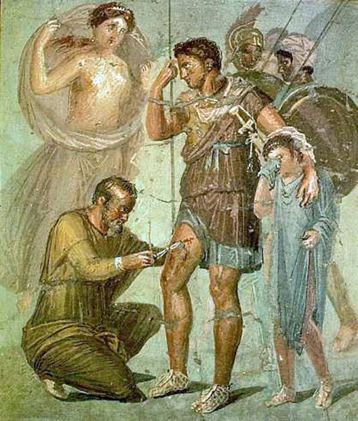 Fresco depicting Iapyx removing an spearhead from Aeneas’s leg.