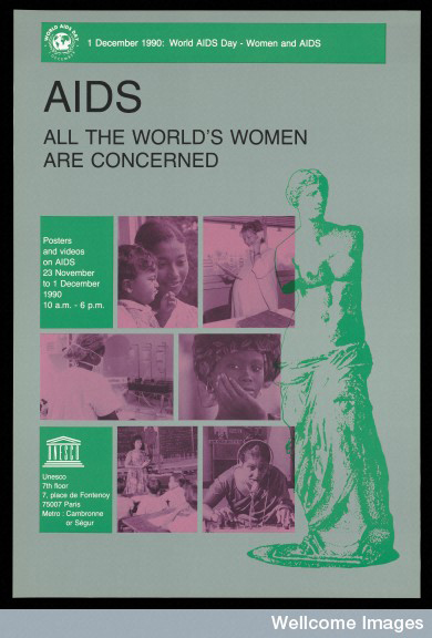 Poster with an image of the Venus de Milo statue alongside photographs of women, representing an advertisement for an exhibition of posters and videos on AIDS