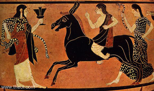 Vase painting of Dionysos leading Hephaistos back to Olympus.