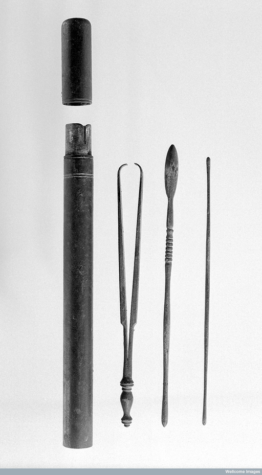 Roman surgical instruments, including two probes and forceps.