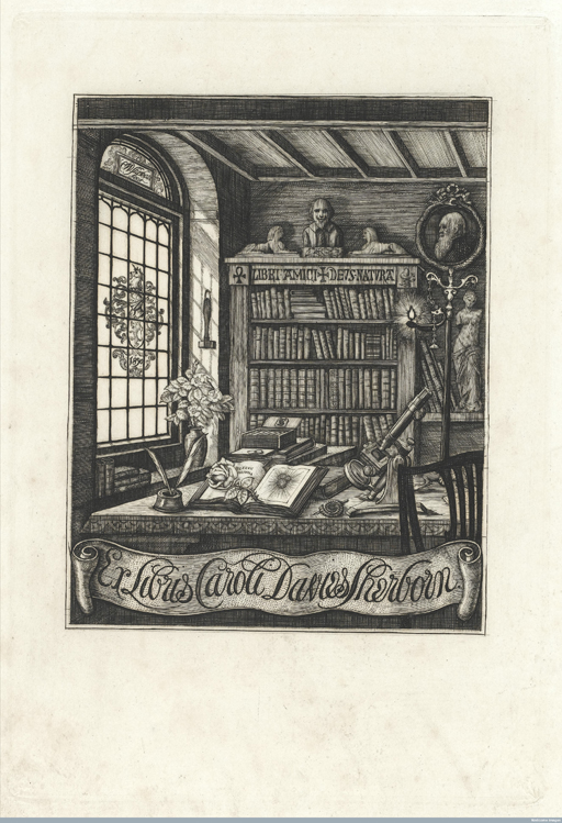 Print of a scholar’s study with a number of objects shown in the room, including a bust of Shakespeare, a profile portrait of Charles Darwin, and statuettes of the Sphinx and of the Venus de Milo.