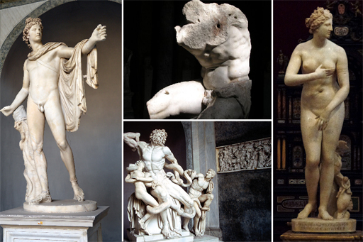 Four images of ancient statues in various stances and in various states of repair.