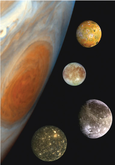 An image of Jupiter and the Galillean moons.