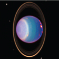 A false-colour image of Uranus in infrared light, showing its tilted ring system.