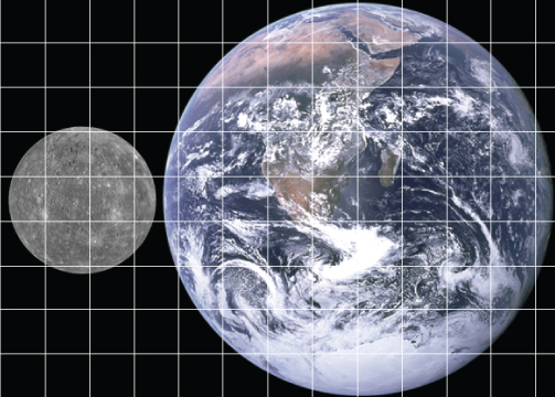 An image of Mercury and Earth, laid over a grid.