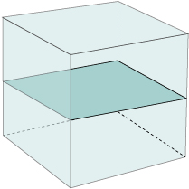 A diagram of a cube with cross-section cut marked.