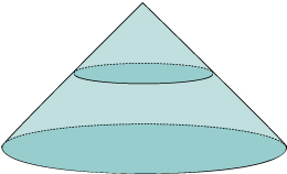 A diagram of a cone with the cross-section cut marked.