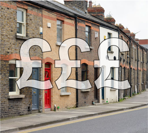 This image shows a row of terraced houses. Three pound signs are across the image.