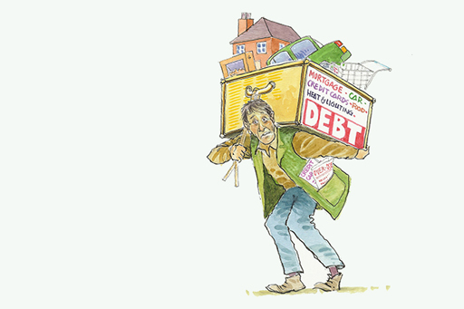 Illustration of a man carrying different types of debt on his back, including mortgage, car and credit cards.