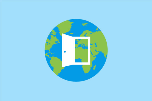 A graphic of a globe with the image of an open door.