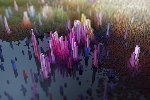 A graphic showing an abstract three dimensional city topography.