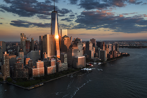 A photograph of the view of Lower Manhattan, New York, USA, from the Hudson River.