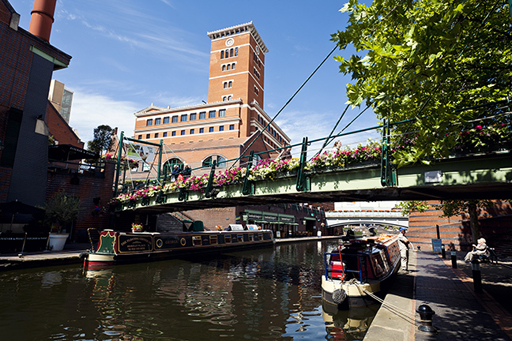 A photograph of a canal and bridge in Birmingham, England.