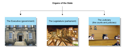 Organs of the state (such as courts, the judiciary, legislative and executive)