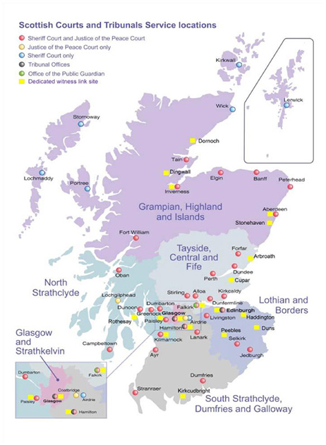 The locations of all the Scottish courts and tribunals across Scotland.