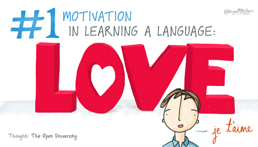 An illustration containing the text ‘Number 1 motivation in learning a language: love’.