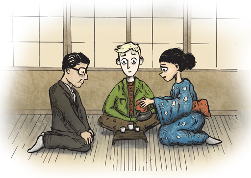 An illustration of three people taking part in a Japanese tea ceremony.