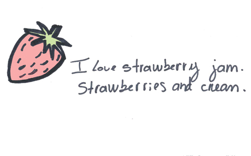 An image of a strawberry with the text ‘I love strawberry jam. Strawberries and cream’.