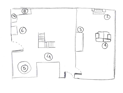 A drawing of a layout of a room.