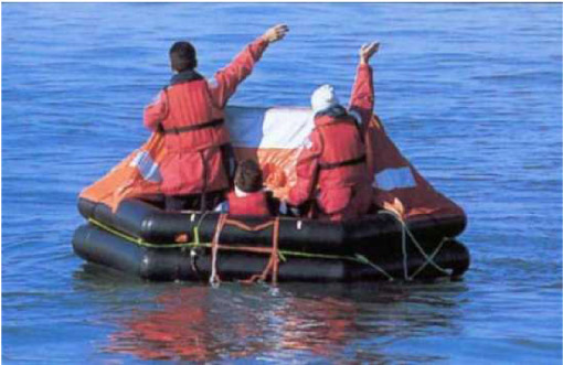 A picture of a modern life raft with three people, of which two are waving to attract attention.