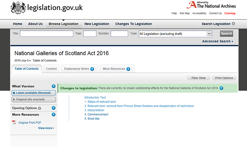 Screen shot of the table of contents: National Galleries of Scotland Act 2016