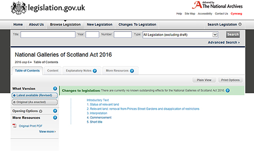 Screen shot of the table of contents: National Galleries of Scotland Act 2016