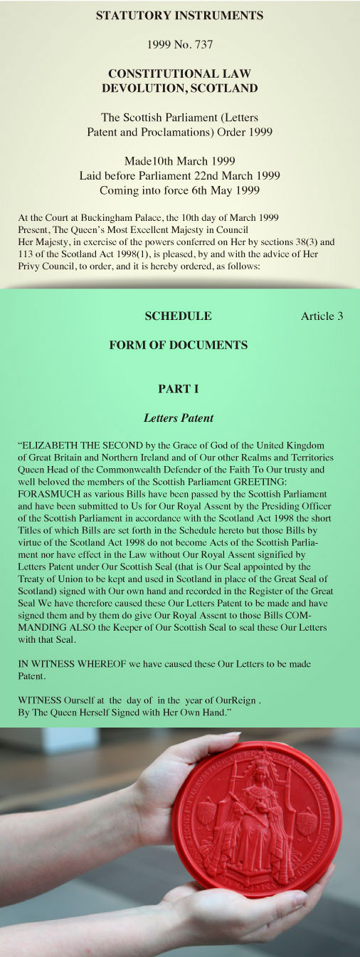 Images of the letters patent and seal of the Scottish Parliament.
