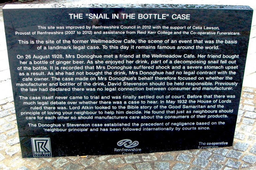 Photograph is of a memorial stone commemorating the “Snail In The Bottle” case.