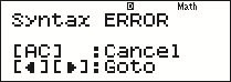 The display on a calculator screen containing three lines of text showing Syntax Error.