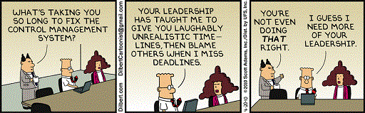 A humorous cartoon by Dilbert describing the tensions that sometimes exist between leaders and managers.