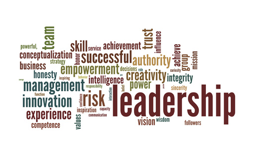 A word cloud incorporating words such as leadership, creativity, experience and risk.