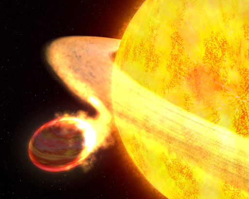An artist’s impression of the gas being lost from the super-hot planet WASP-12 b.