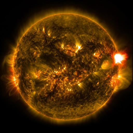A flare emitted by the Sun is imaged by NASA’s Solar Dynamic Observatory in ultraviolet light.