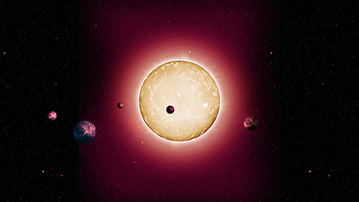 An artist’s impression of the low mass star Kepler-444 and its five small transiting planets.
