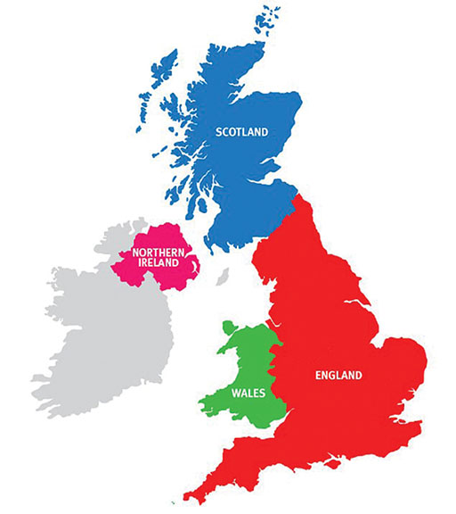 Map of the four nations that make up the UK